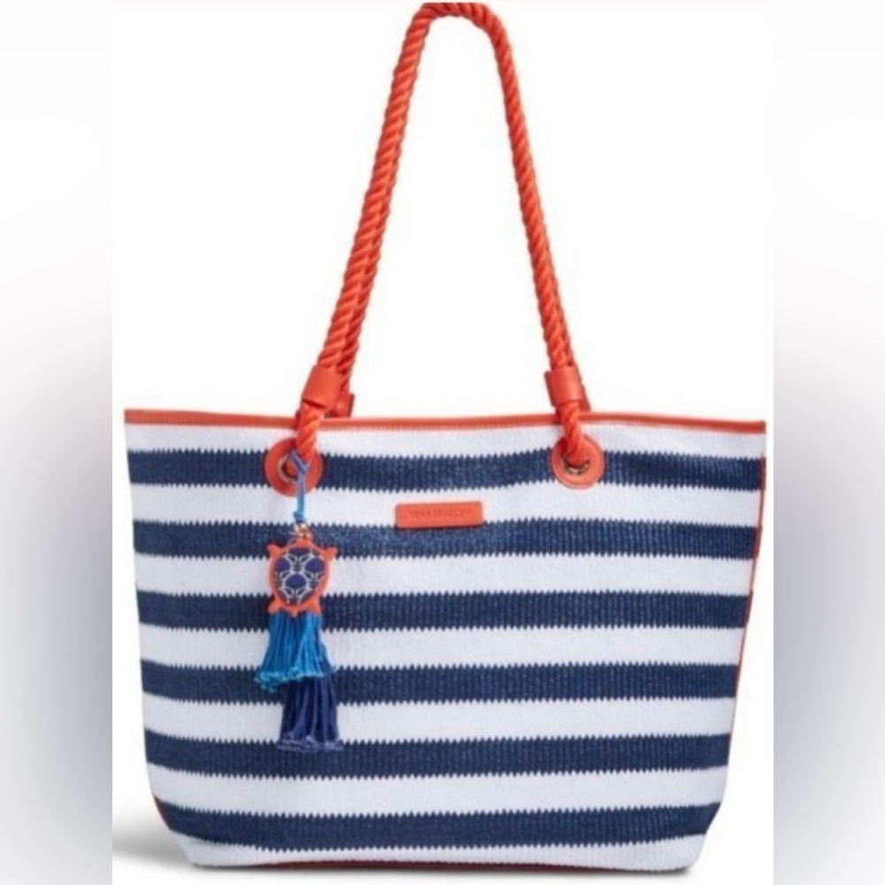 Vera Bradley Striped Navy & White Tote Bag with Orange Accents